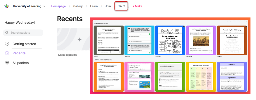 image of Padlet dash board with the TA link highlighted.
