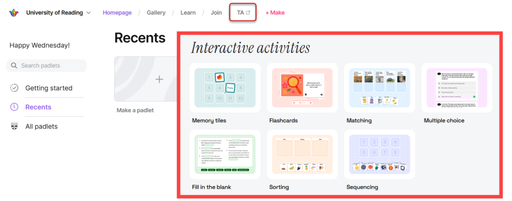 image of Padlet dash board with the TA link highlighted.