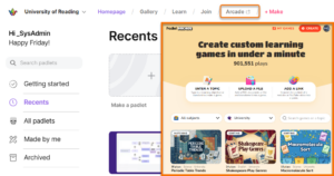 Screen shot of Padlet Arcade open from the Padlet top menu.