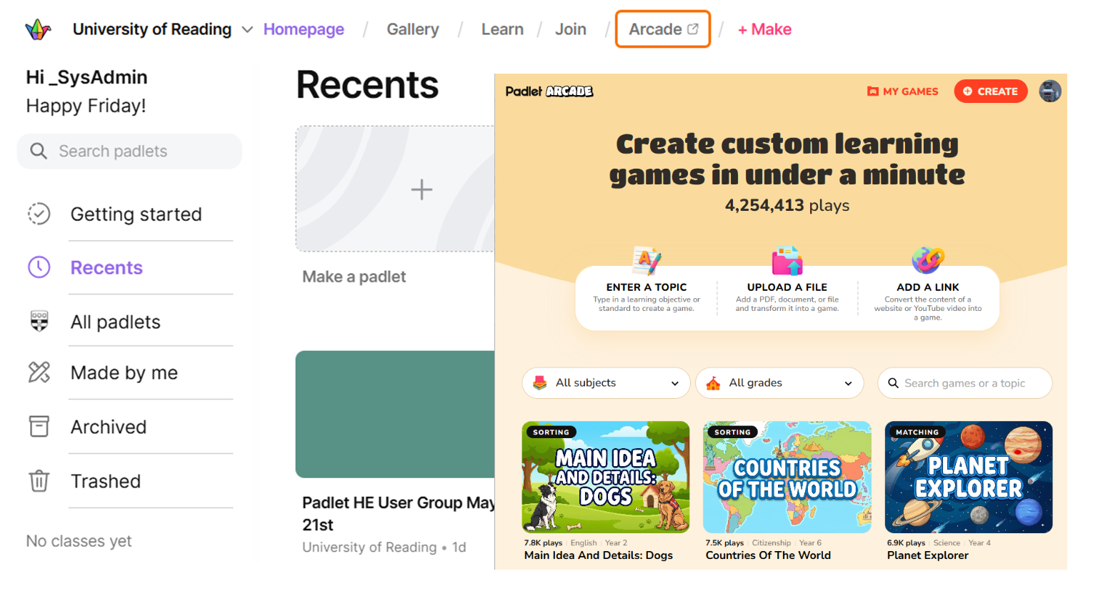 Screenshot of Arcade link in Padlet menu