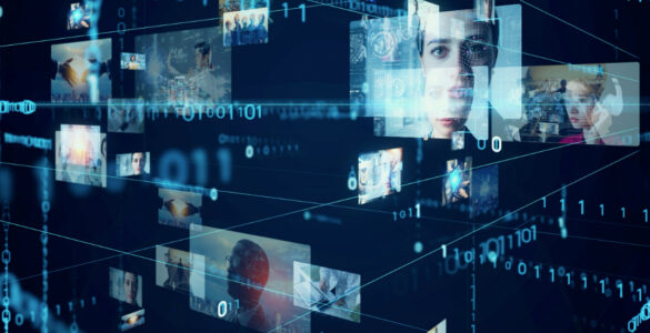 Various floating TV screens showing different multimedias