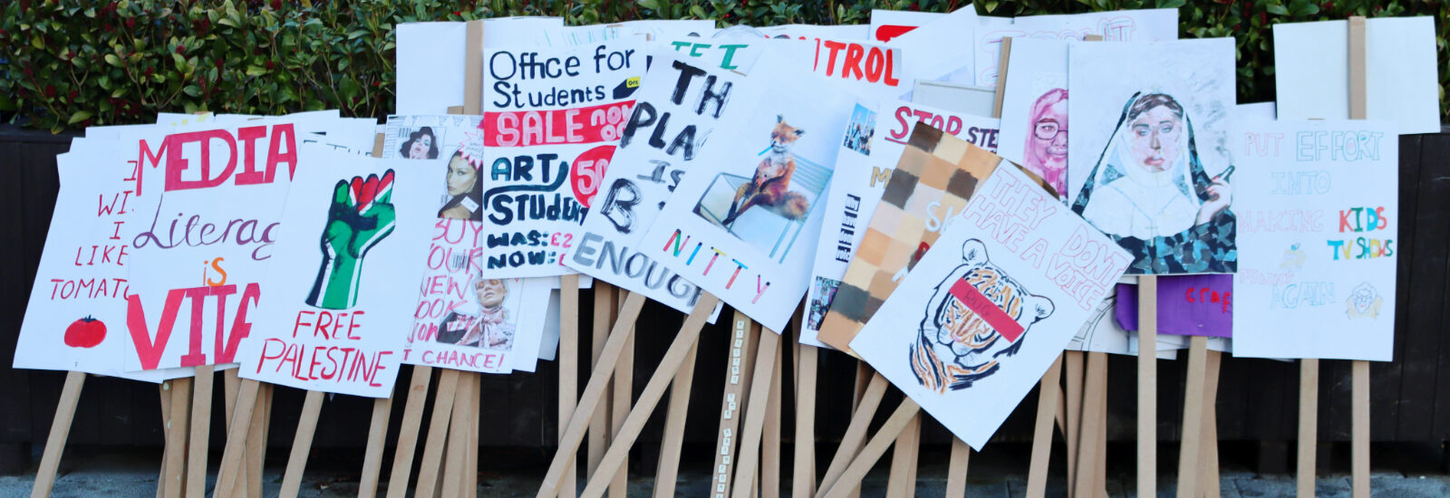 A display of protest placards as part of the exhibition
