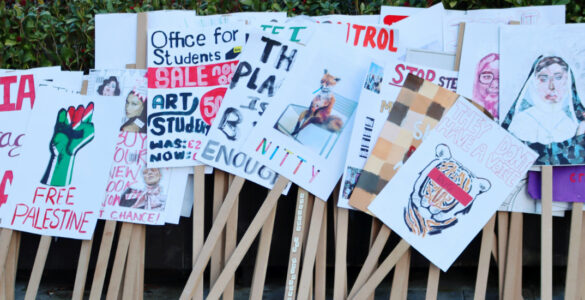 A display of protest placards as part of the exhibition