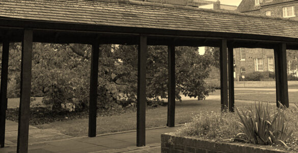 London Road cloisters in sepia
