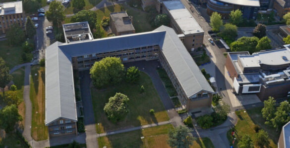 Whiteknights campus from the air: HumSS, Minghella, Whiteknights House, Henley Business School and Old Whiteknights House. Still image taken from 4K drone footage.