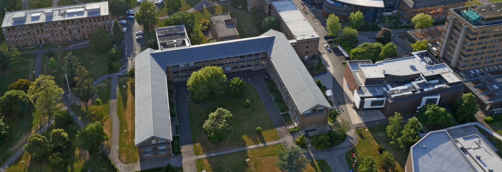 Whiteknights campus from the air: HumSS, Minghella, Whiteknights House, Henley Business School and Old Whiteknights House. Still image taken from 4K drone footage.
