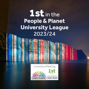 1st in the People & Planet University League 2023/24 written above the climate stripes projected onto the White Cliffs of Dover