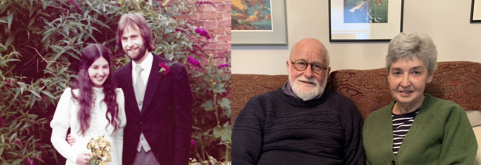 Martin & Verity on their wedding day and in the present day