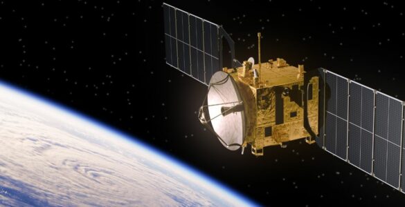 A satellite orbiting Earth in space
