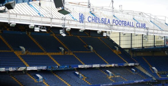 Inside Chelsea Football Ground looking across the stadium at a stand of seats