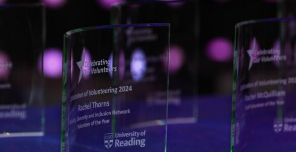 Celebration of Volunteering glass awards standing on a table