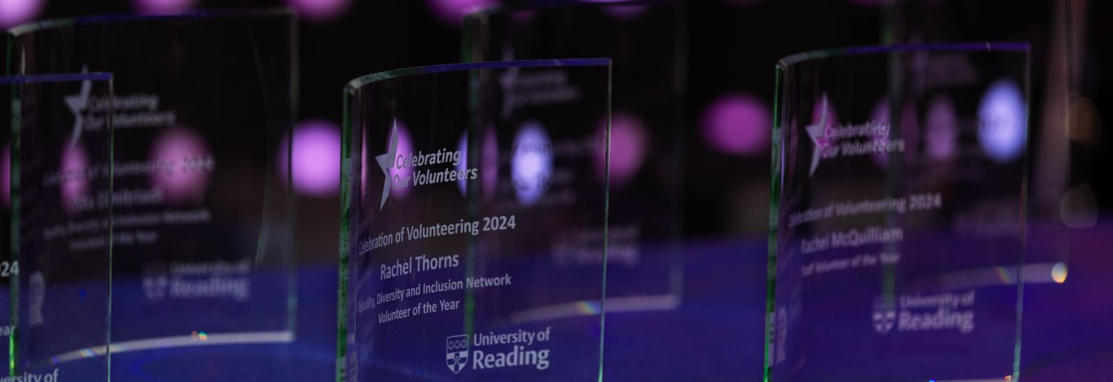 Celebration of Volunteering glass awards standing on a table