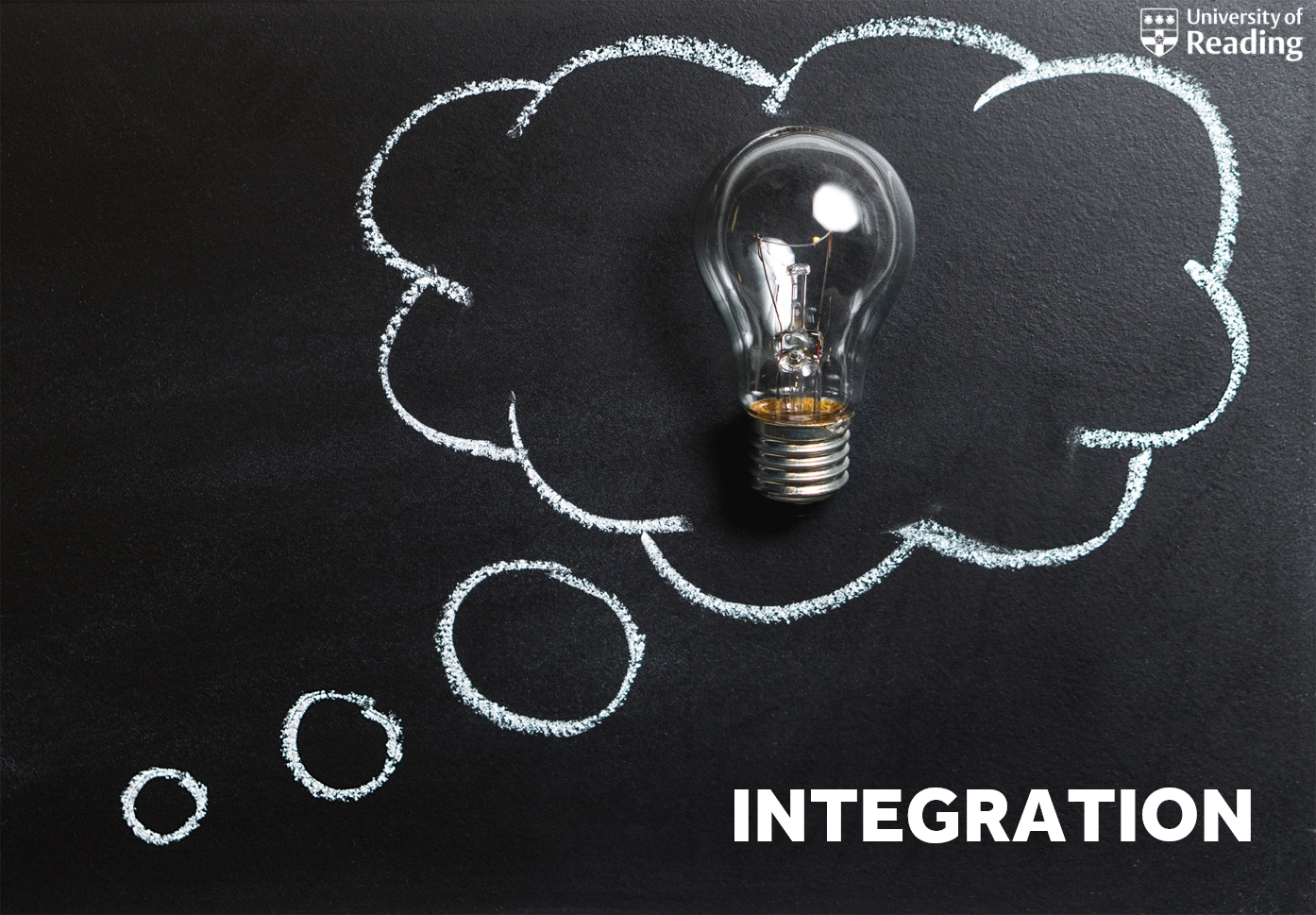 A metaphorical light bulb drawn on a blackboard with the caption 'Integration'