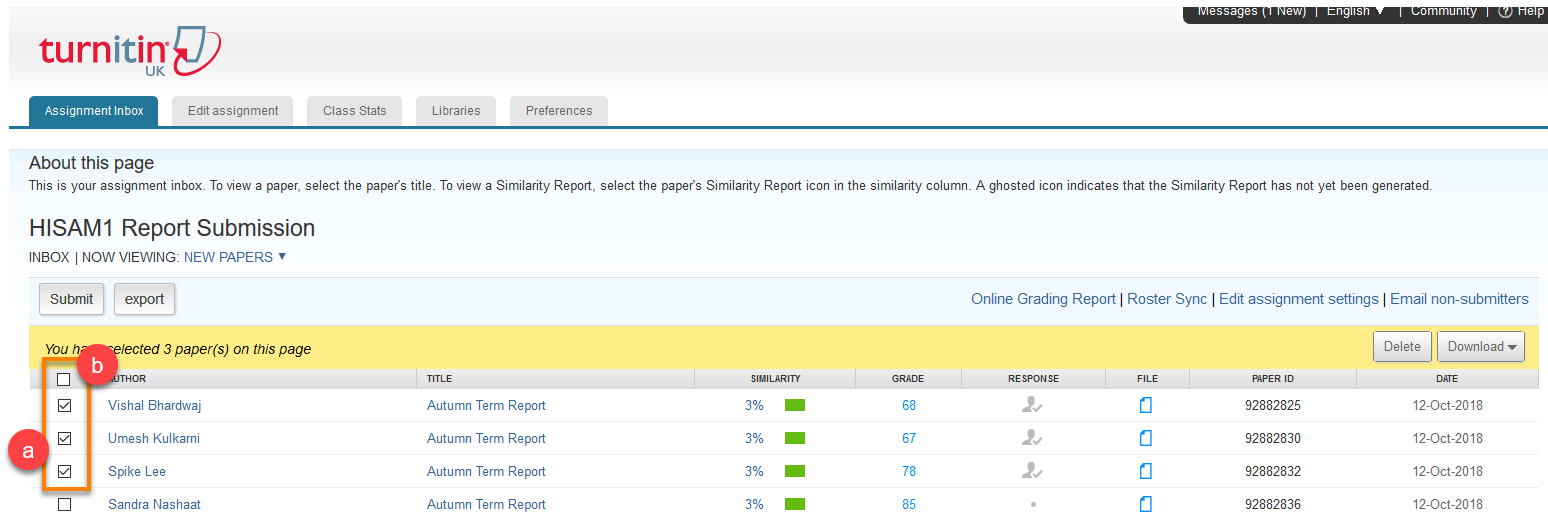 A view of the Turnitin Assignment Inbox selecting papers to download