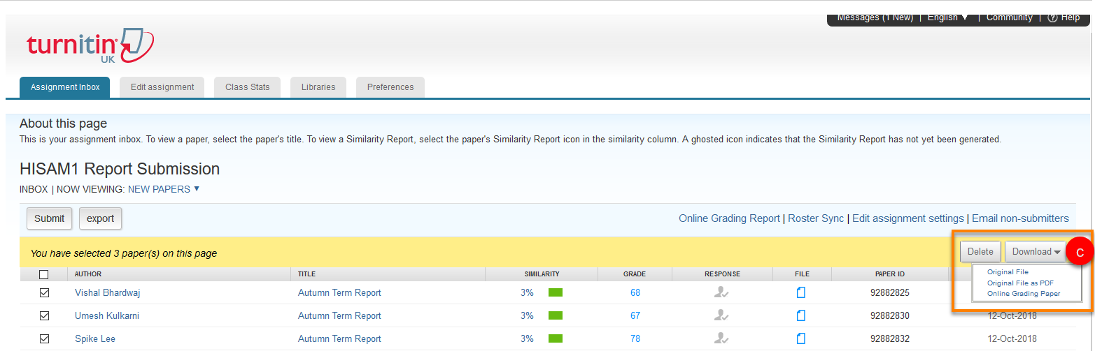 A view of the Turnitin Assignment Inbox with the download menu