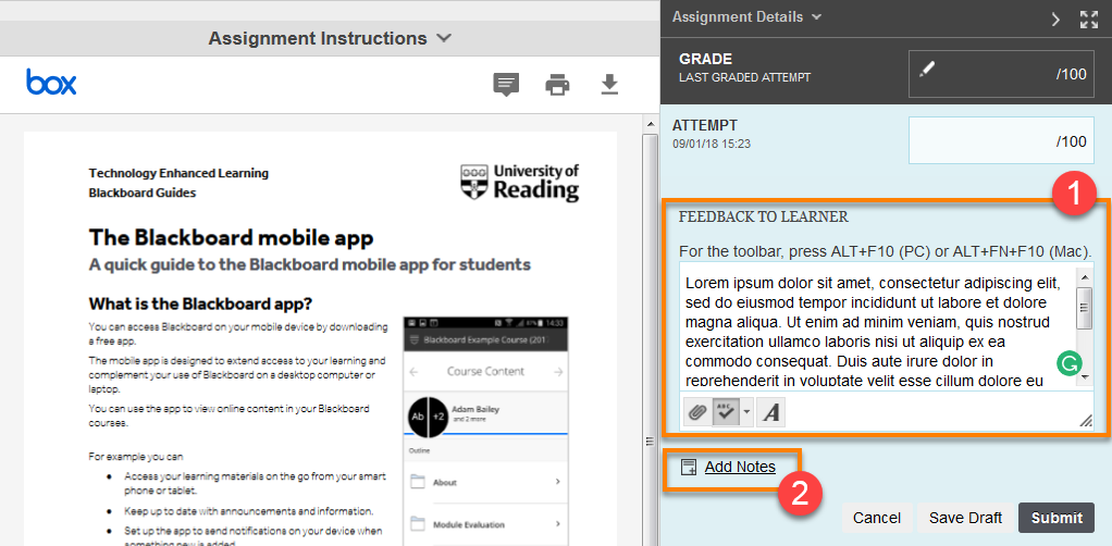 Feedback to Learner Panel