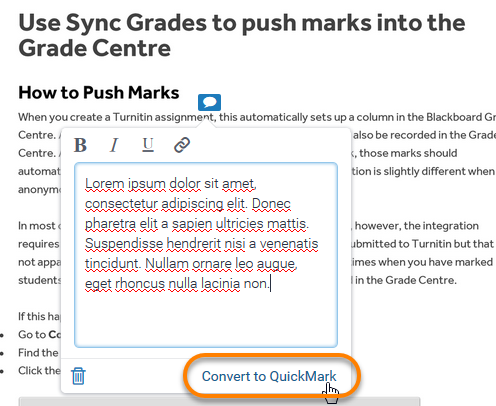 an image showing a comment open with the option "conver to quickmark" at the bottom of the popup window - highlighted