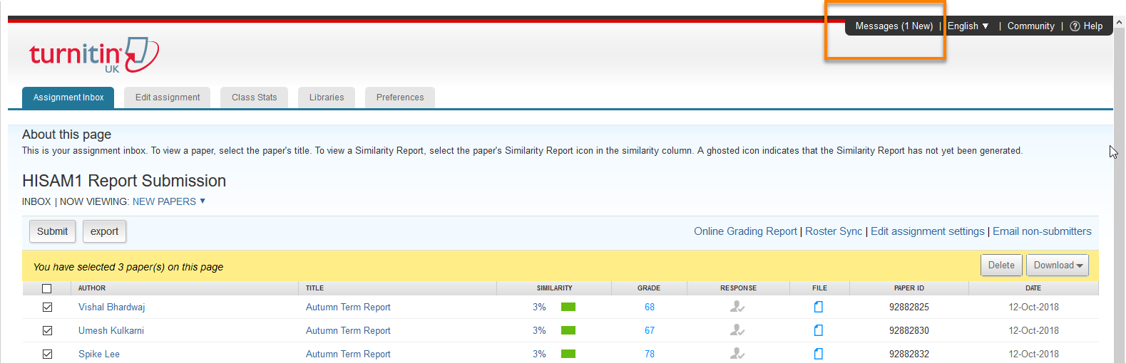 A view of the Turnitin Assignment Inbox accessing the Messages area