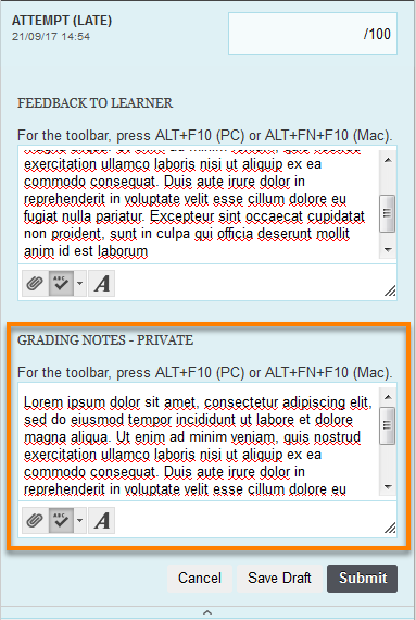 Feedback to learner, private grading notes field.