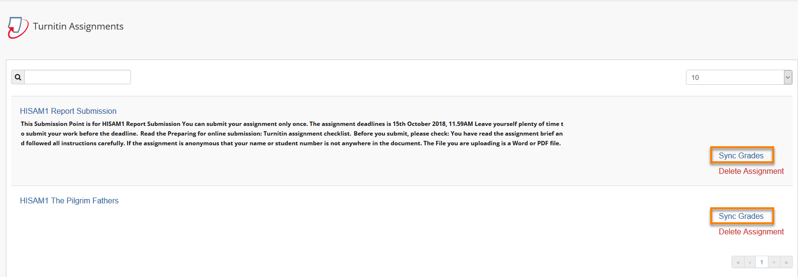 Sync grades button in Turnitin assignment list