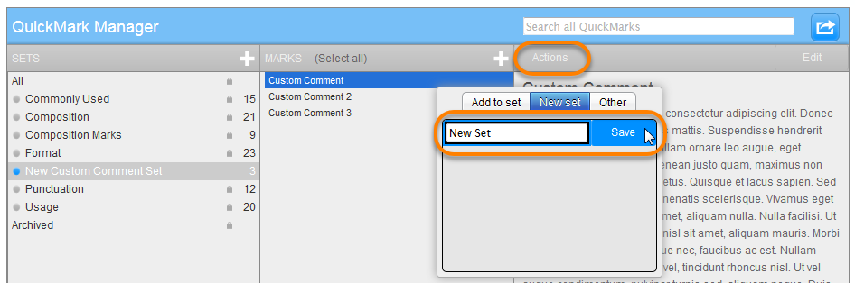 an image showing the actions button clicked, new set selected below it and the option to type in a new set name and a a button to save it next to it.