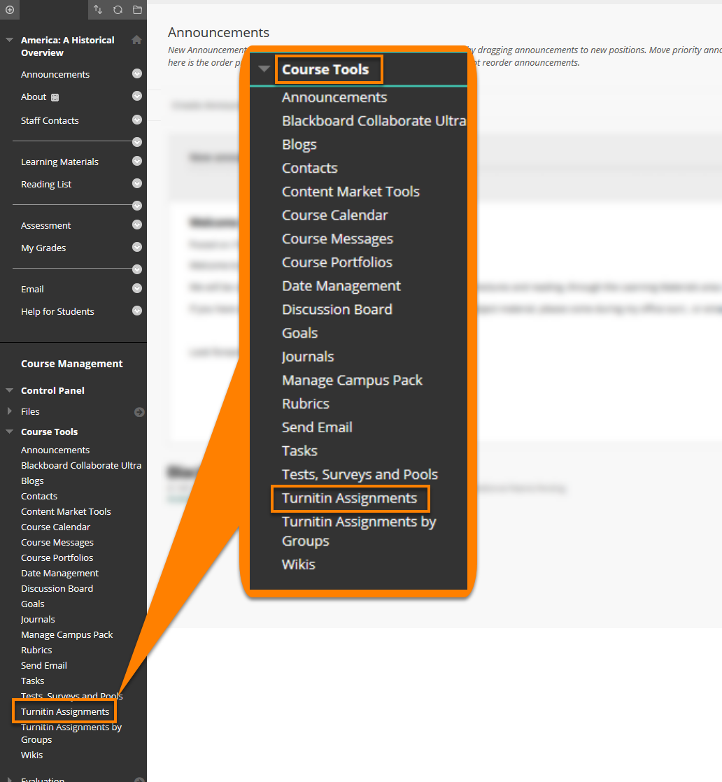 A composite graphic magnifying the Blackboard Course Tool Menu. Where to access Turnitin