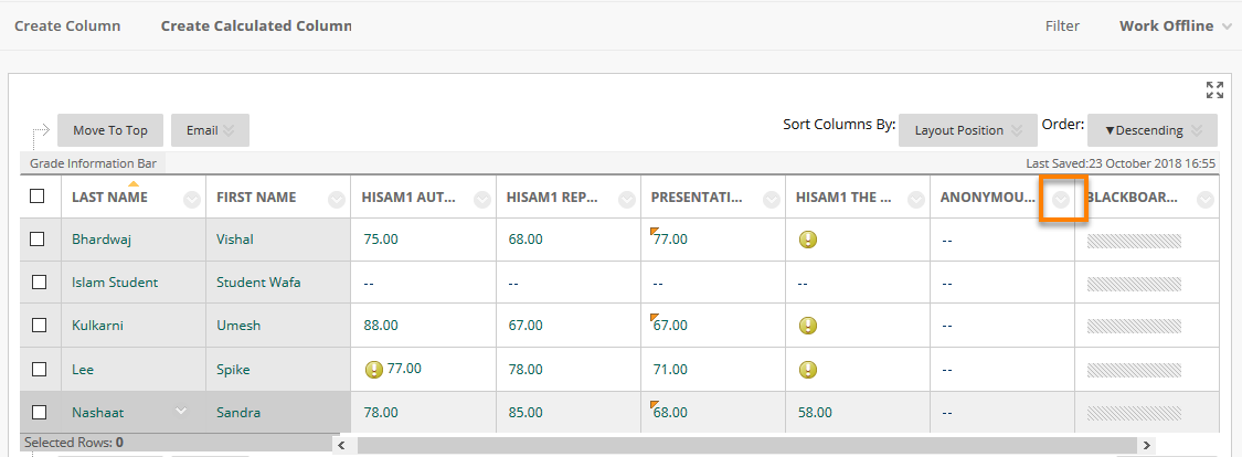 Dropdown Chevron next to Assignment Title in Grade Centre