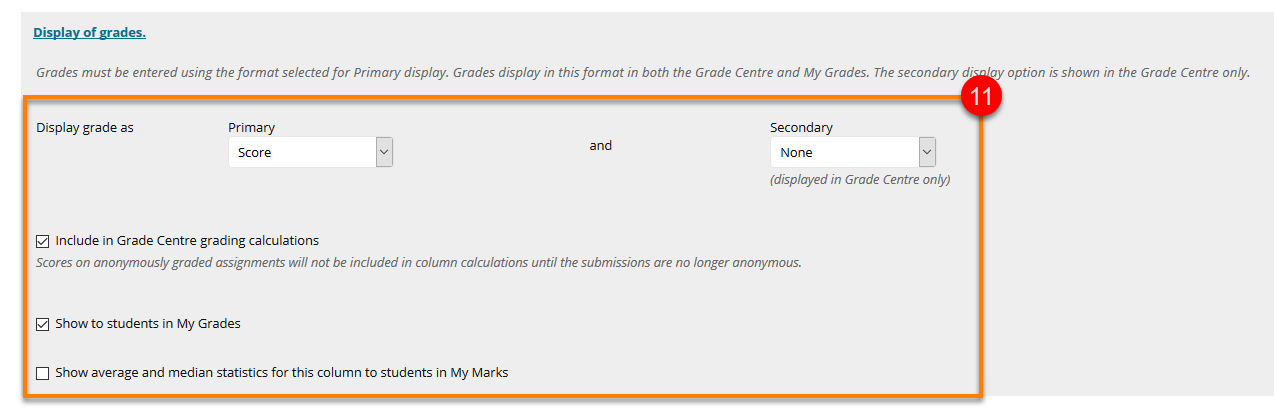 Display of grades menu options