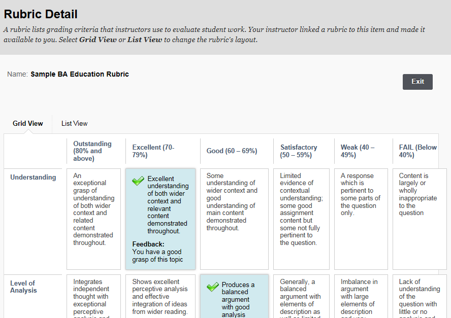 Student view of rubric