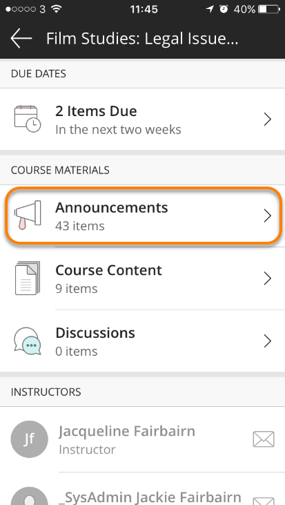 Announcements in course content menu highlighted