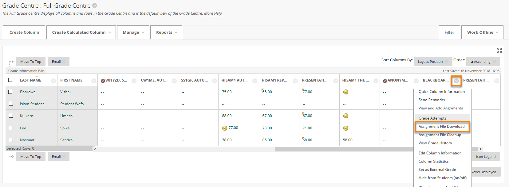 Selecting Assingment File Download in the Grade Centre Column menu