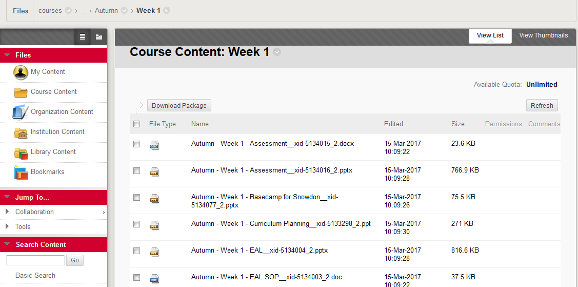 Course Content folder view