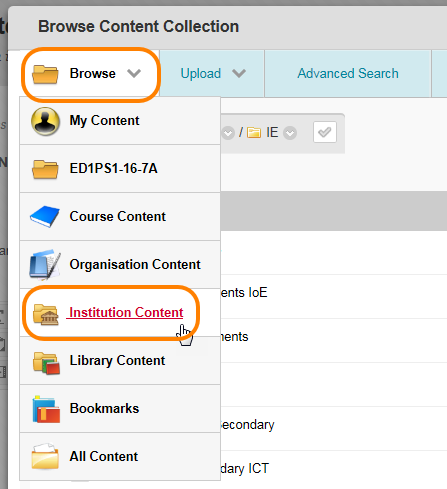 Content collection Browse and Institution Content folders