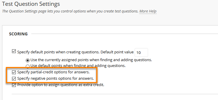 Highlighting the partial and negative scoring options in Scoring