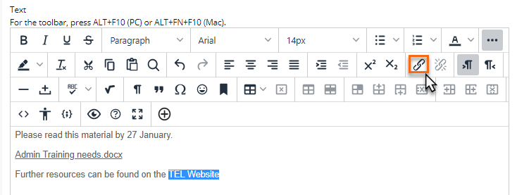 text editor with link icon highlighted