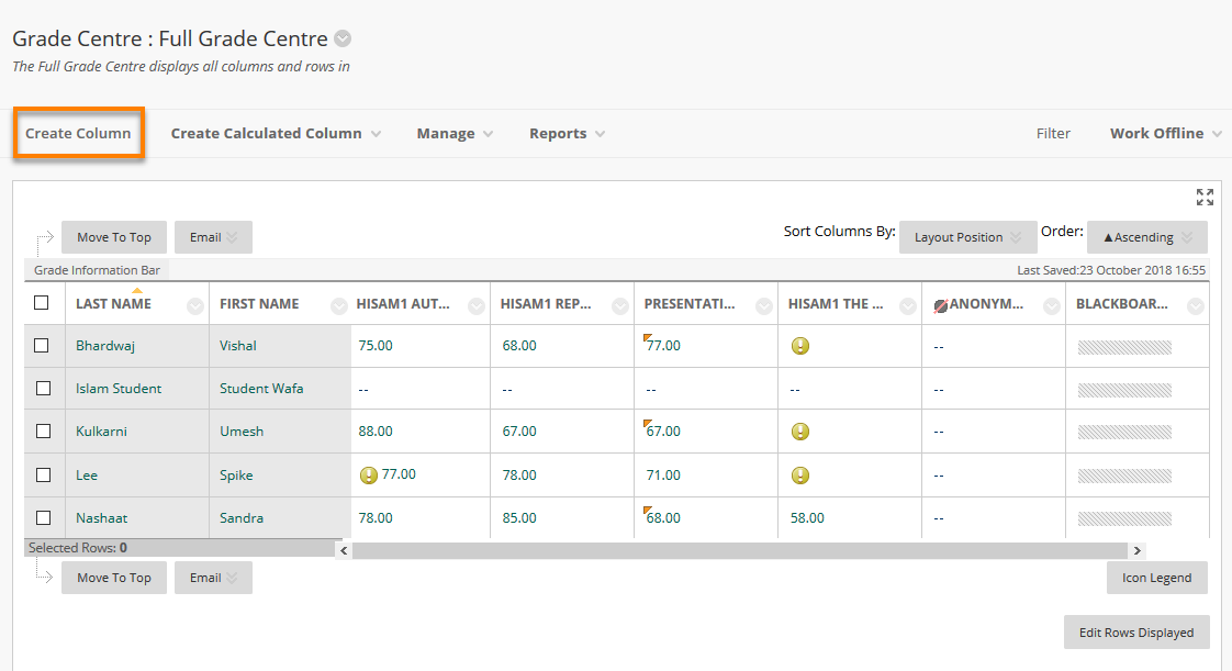 View of the Blackboard Grade centre with Create Column Highlighted on the left.