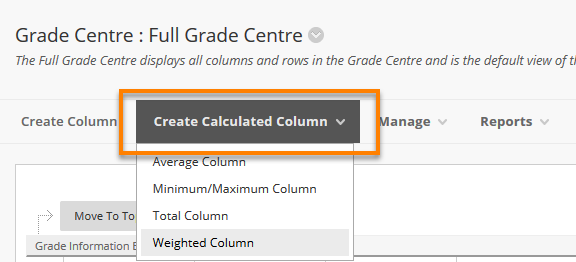 View of the top of the Blackboard Grade Centre, Create calculated column