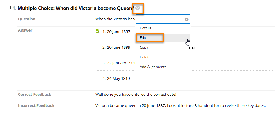 Chevron and drop down menu for editing a test question