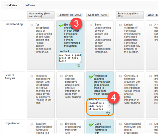 The rubric grid with step 3 and step 4