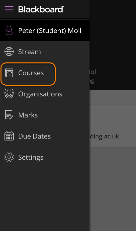 Courses highlighted in the Blackboard App menu