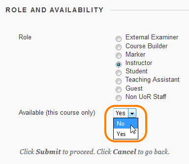 Showing the course role options and the availability yes or no options
