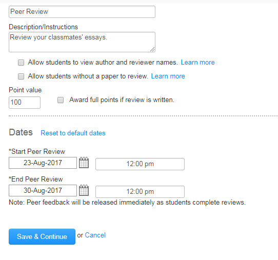 Peer review set up screen