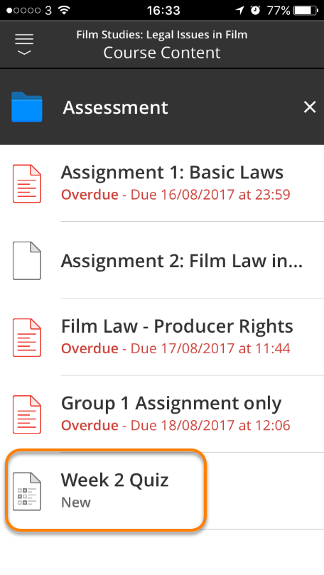 Quiz in the Assessment section of the blackboard App