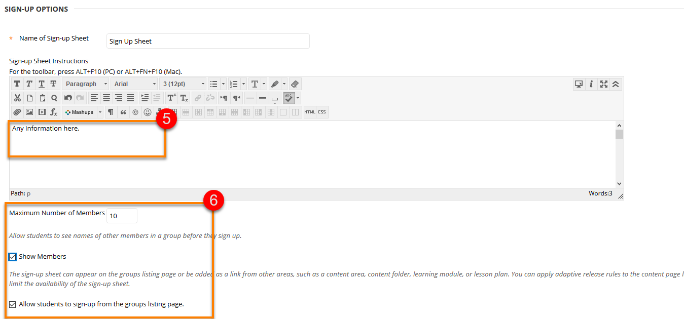 Signup sheet options