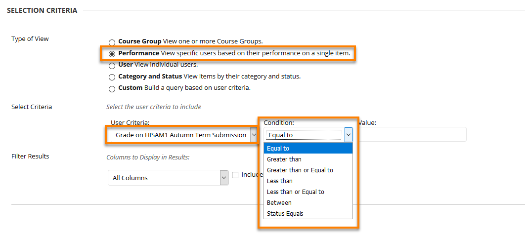 Performance Options showing list of parameters