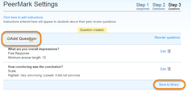 PeerMark Settings questions screen, highlighting where to add questions 