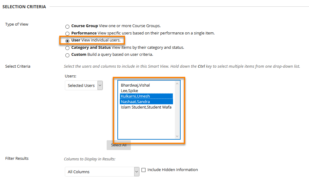 Users Options showing list of course users