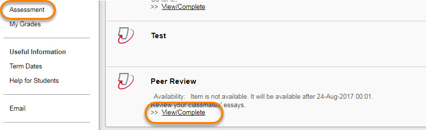 View of the PeerMark assessment showing standard Turnitin 'View/Complete' screen within the course assessment area