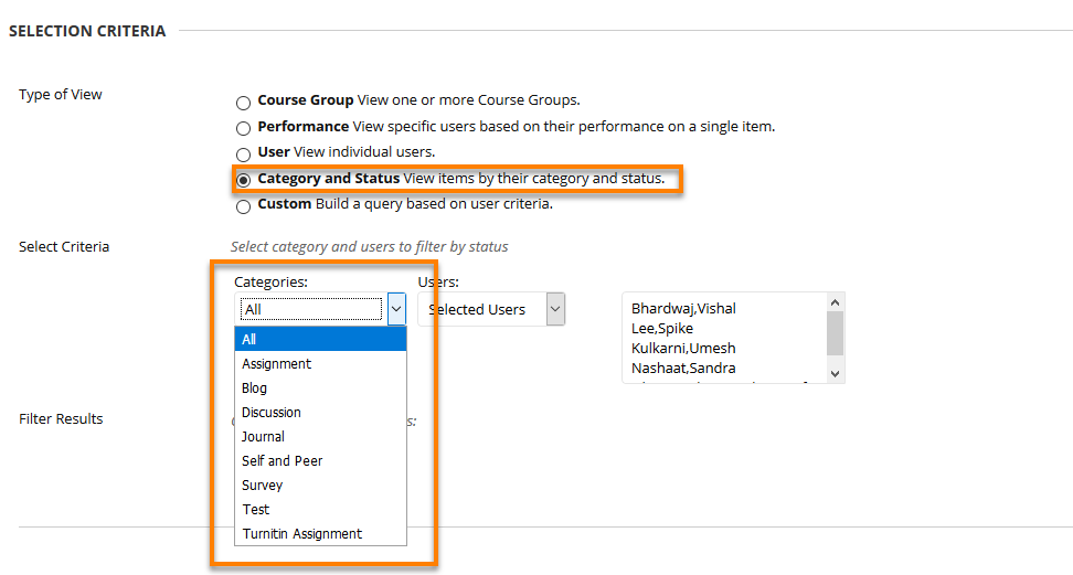 Category and Status Options showing list of Assessment types