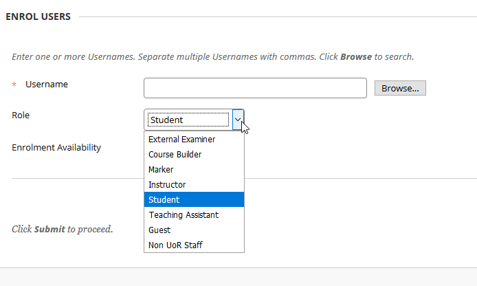 Selecting the user's role in the course from the drop down menu